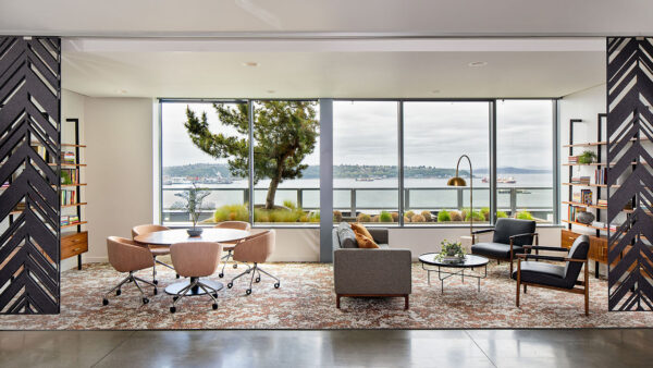 Apartment community Coworking Lounge at Griffis Seattle Waterfront in Seattle, Washington.