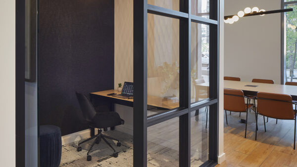 Apartment community Co-Working Pods Lounge at Griffis South Waterfront in Portland, Oregon.