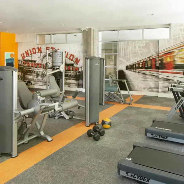 Apartment community 24-hour fitness center at Griffis Union Station in Denver, Colorado.