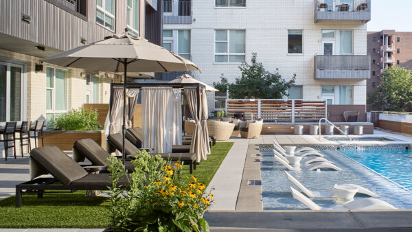 Apartment community pool with all-season spa at Griffis Cherry Creek North in Denver, Colorado.