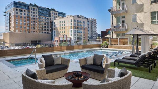 Apartment community pool with all-season spa at Griffis Cherry Creek North in Denver, Colorado.