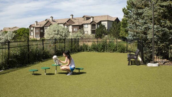Apartment community off-leash dog park at Griffis Belleview Station in Denver, Colorado.