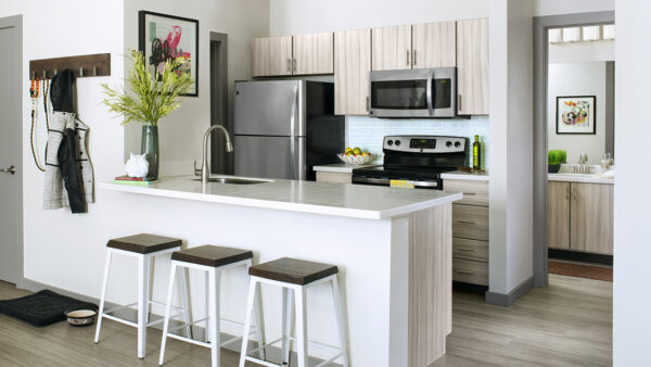 Apartment Kitchen with Stainless Steel Appliances, quartz counters and wood-like floors.