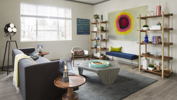 Apartment Living Room with wood floors.