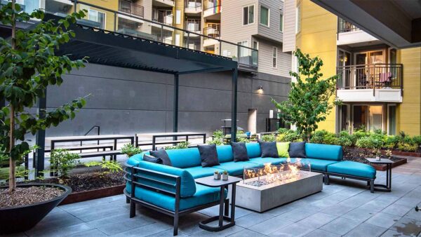 Apartment community outdoor fire pit at Griffis Belltown in Seattle, Washington.