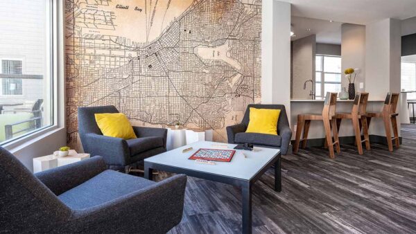 Apartment community Resident Lounge at Griffis Belltown in Seattle, Washington.