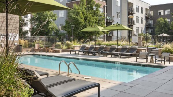 Apartment community resort style pool at Griffis Cherry Creek in Denver, Colorado.