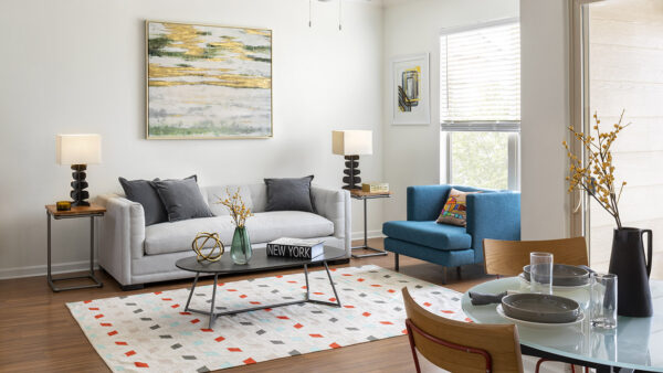 Apartment Living Room and Dining area with wood floors.