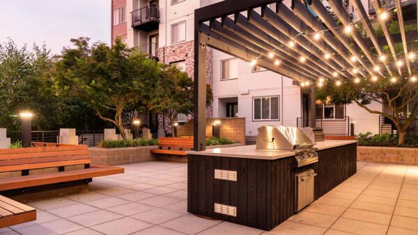 Apartment community outdoor grilling station at Griffis Lake Washington in Renton, Washington.