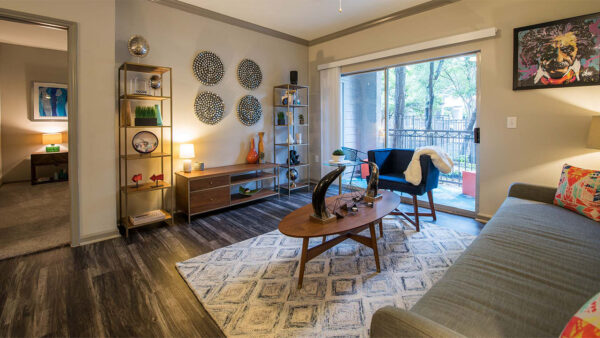 Apartment Living Room with wood floors.