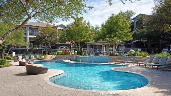 Apartment community resort style pool at Griffis Lakeline in Austin, Texas.