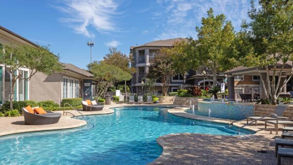 Apartment community resort style pool at Griffis Lakeline in Austin, Texas.