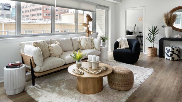 Apartment Living Room with wood floors.