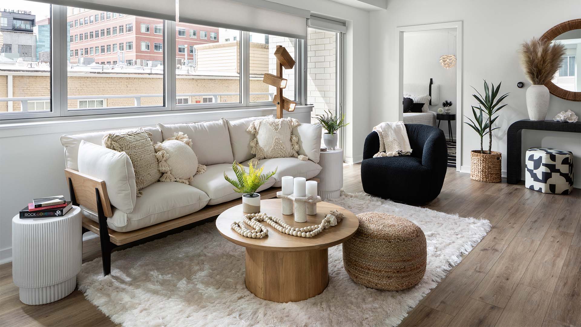 Apartment Living Room with wood floors.
