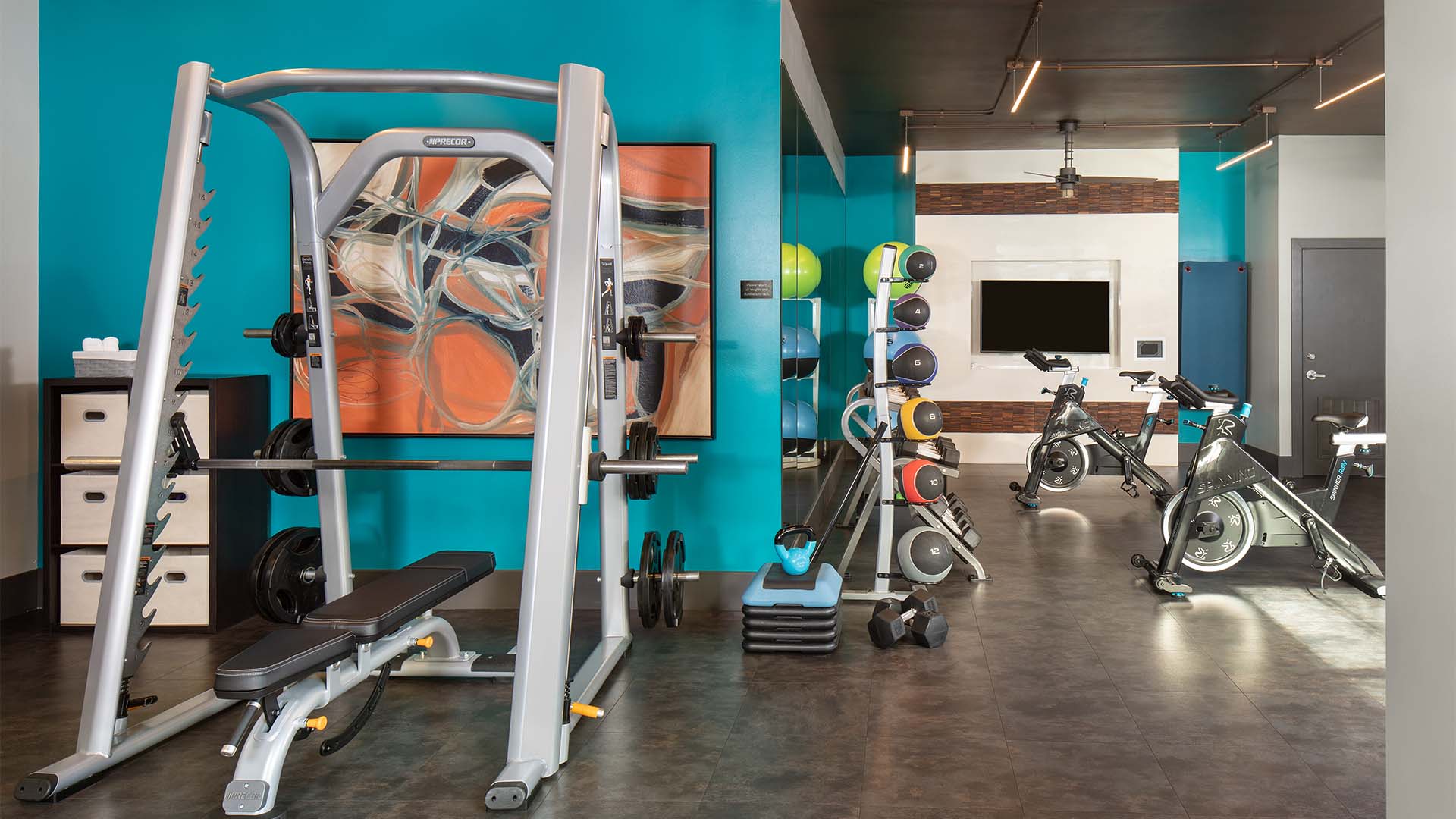 Apartment community 24-hour fitness center at Griffis Union Station in Denver, Colorado.