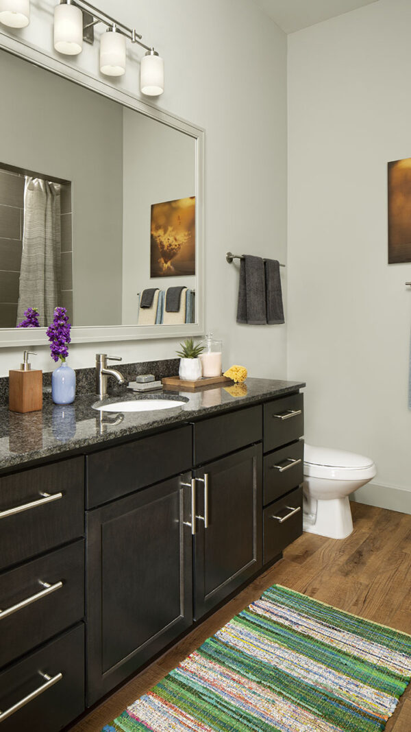 Apartment Bathroom with hardwood flooring.