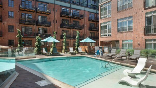 Apartment community resort style pool at Griffis North Union in Denver, Colorado.
