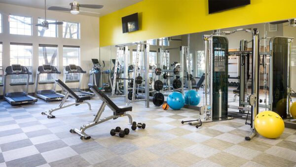 Apartment community 24-hour fitness center at Griffis SoCo Austin in Austin, Texas.