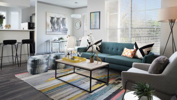 Apartment Dining and Living Room with wood floors.