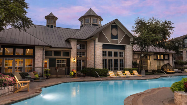 Apartment community resort-style pool at Griffis SoCo in Austin, Texas.