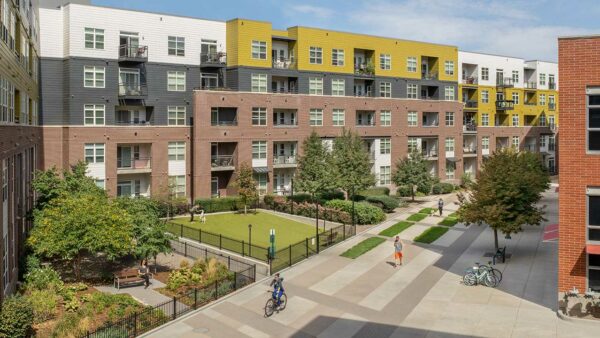 Apartment community off-leash dog park at Griffis Union Station in Denver, Colorado..