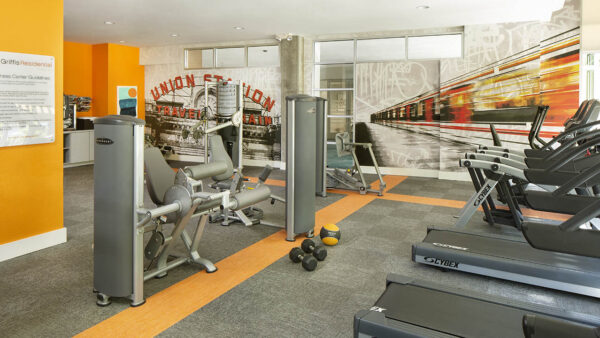 Apartment community 24-hour fitness center at Griffis Union Station in Denver, Colorado.