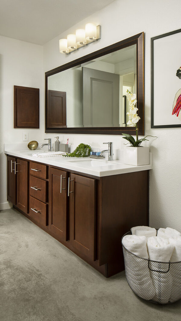Apartment Bathroom with double vanity mirror.