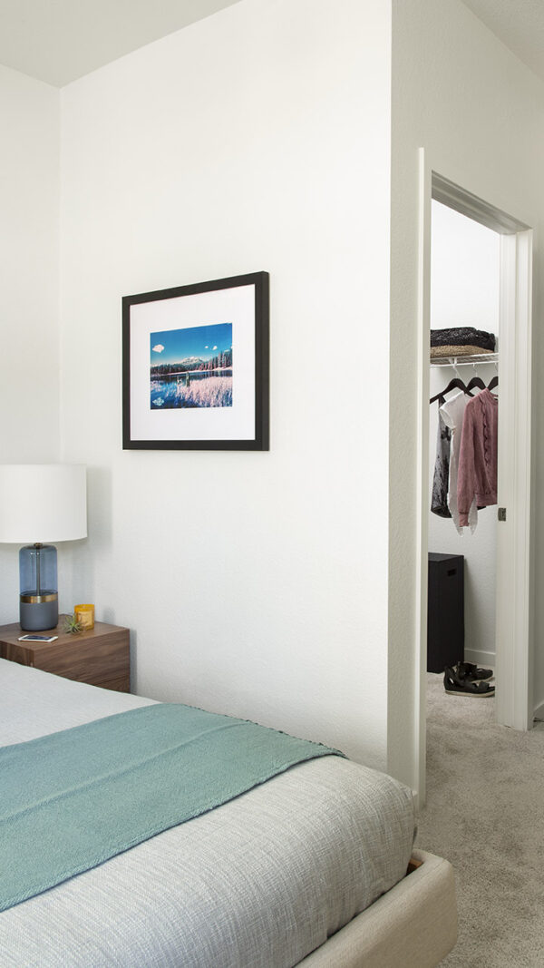 Spacious apartment Bedroom with Large Closet and Carpeted Floor.