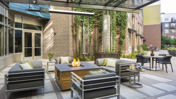 Apartment community outdoor fire pit at Griffis Union Station in Denver, Colorado.