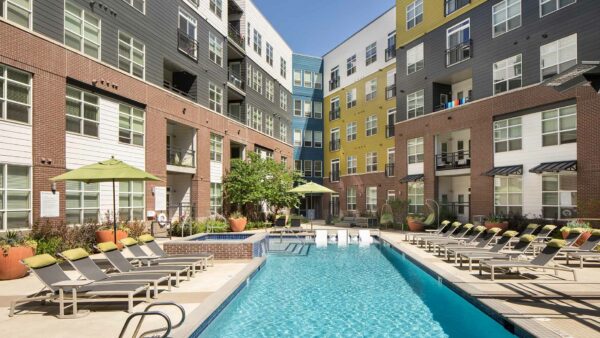 Apartment community resort style pool and all-season spa at Griffis Union Station in Denver, Colorado.