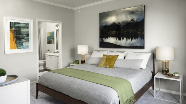 Spacious apartment bedroom with carpeted floors overlooking bathroom.