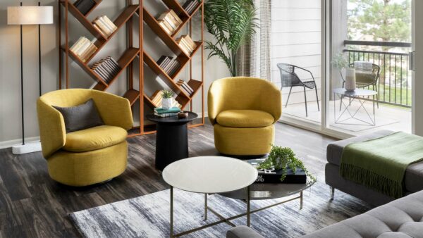 Apartment Living Room with Wood floors and balcony.