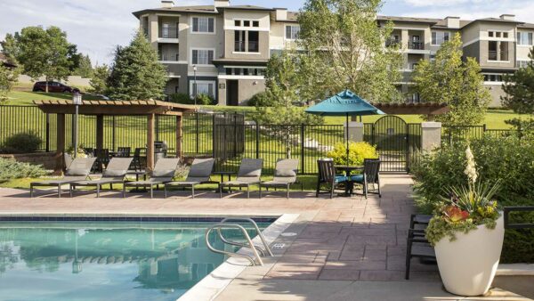 Apartment community resort style pool at Sagebrook in Colorado Springs, Colorado. .