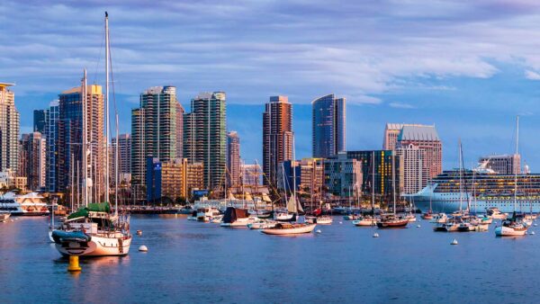 San Diego harbor and skyline at dusk.