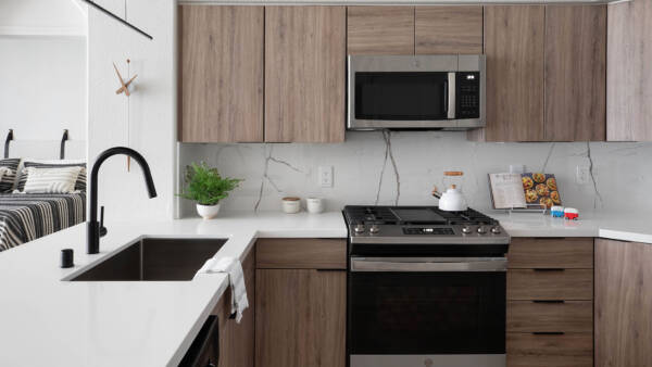 Apartment kitchen with stainless steel appliances, quartz countertops, and wood-style flooring.