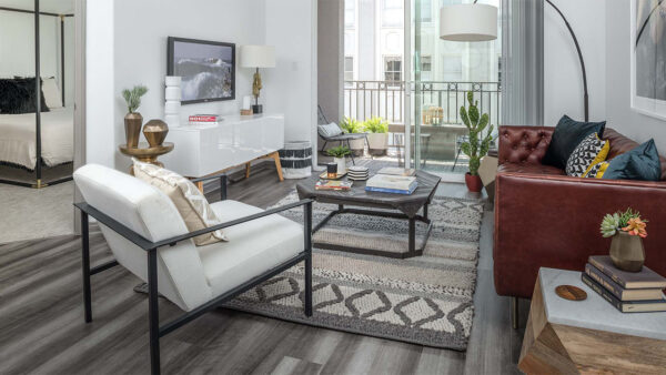 Apartment Living Room with Wood Floor Type and Balcony.