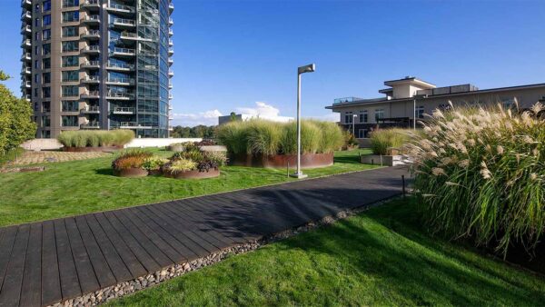 Apartment community eco terrace at Griffis South Waterfront in Portland, Oregon.