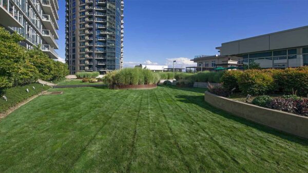 Apartment community eco terrace at Griffis South Waterfront in Portland, Oregon.