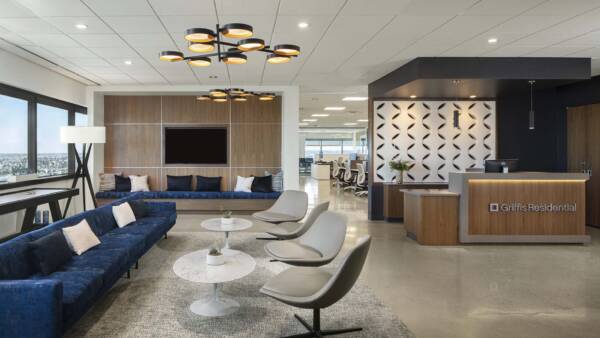Griffis apartment lobby with comfortable furniture and modern decor.