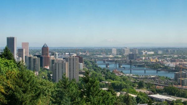 Portland skyline under blue skies.