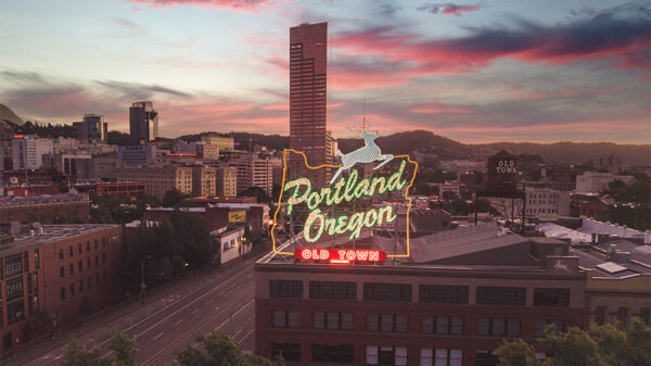 Neon sign on building in Portland, Oregon.