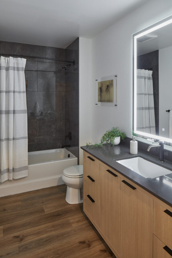 Apartment bathroom with wood-style flooring and LED vanity mirror.