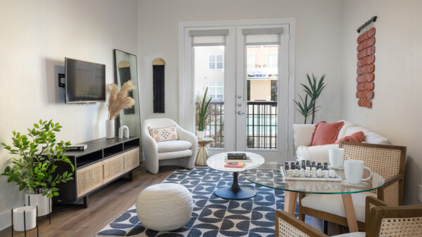 Apartment living room with wood-style flooring.