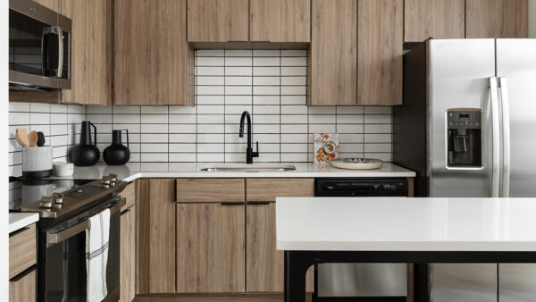 Apartment kitchen with stainless steel appliances, quartz countertops and wood-style flooring.