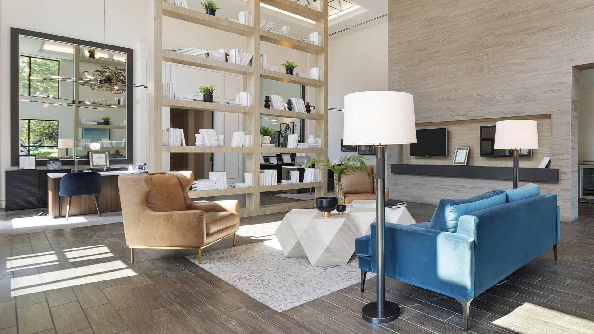 Apartment leasing center at Griffis South Bay in Milpitas, California.