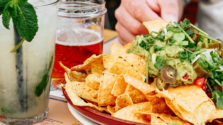 Plate of food with drinks
