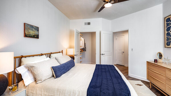 Spacious apartment bedroom with large closet and wood-style flooring.
