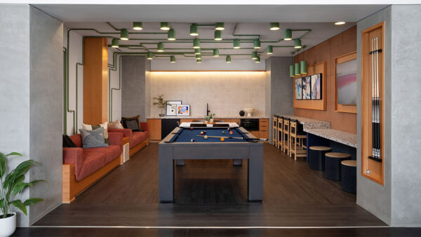 Apartment community resident lounge at Griffis East Village in San Diego, California.