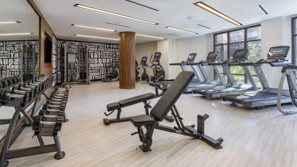 Apartment community 24-hour fitness center at Griffis Edgemoor in Bethesda, Maryland.