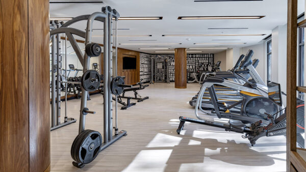 Apartment community 24-hour fitness center at Griffis Edgemoor in Bethesda, Maryland.